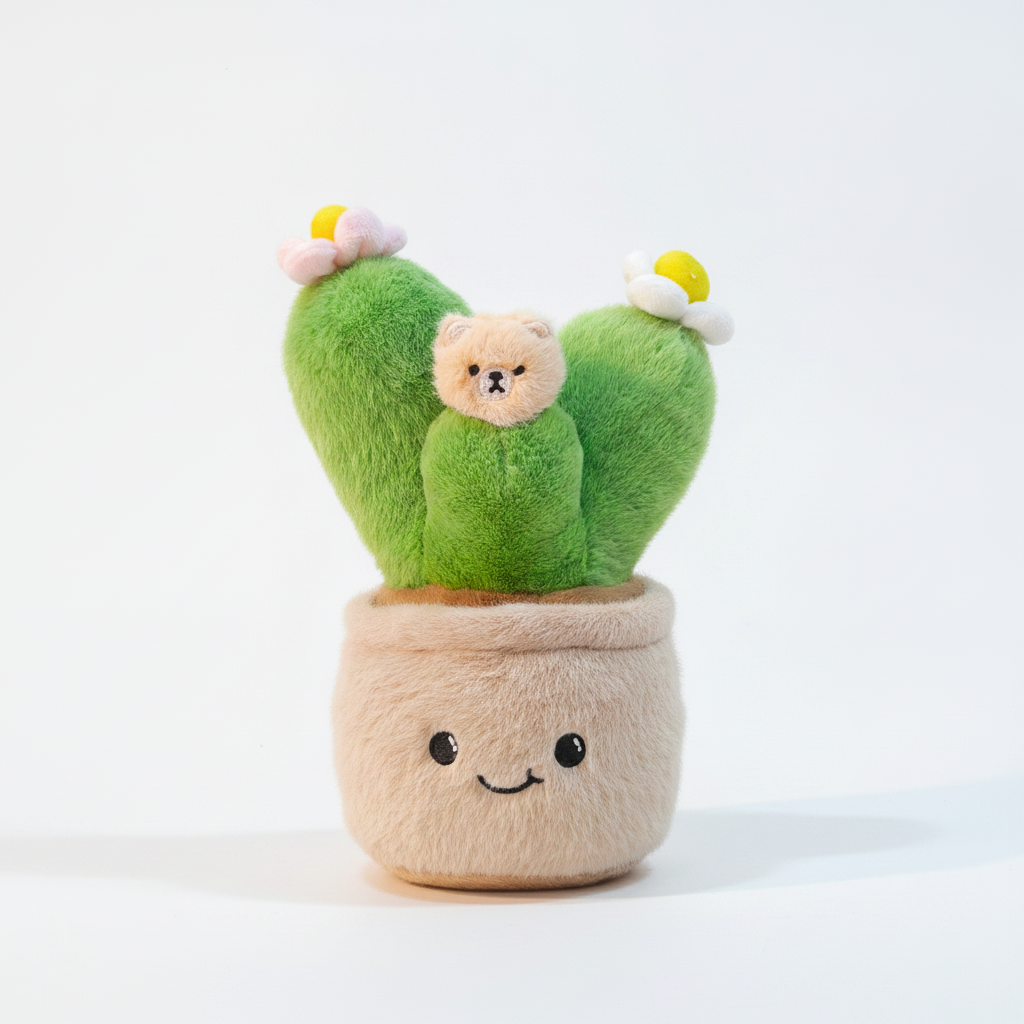 Cute Cactus Plush Toy with Baby Bear & Daisy Flowers