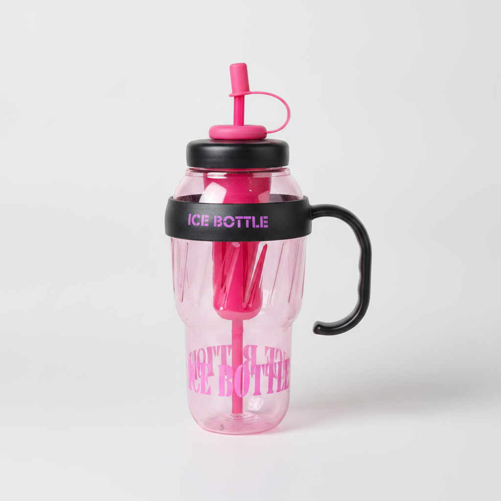 Ice Bottle Sipper – 550ml Clear Pink Tumbler with Straw