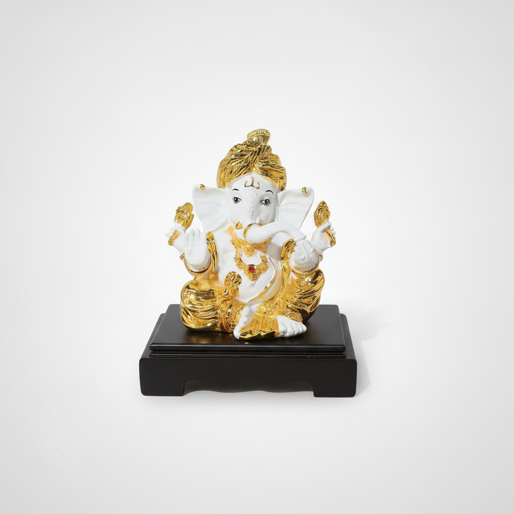 Lord Ganesha Idol 8.5 Inch | White & Gold Finish Statue