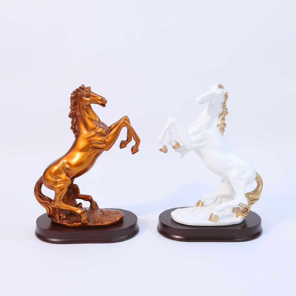 Rearing Horse Figurine Pair – Gold & White Resin Décor