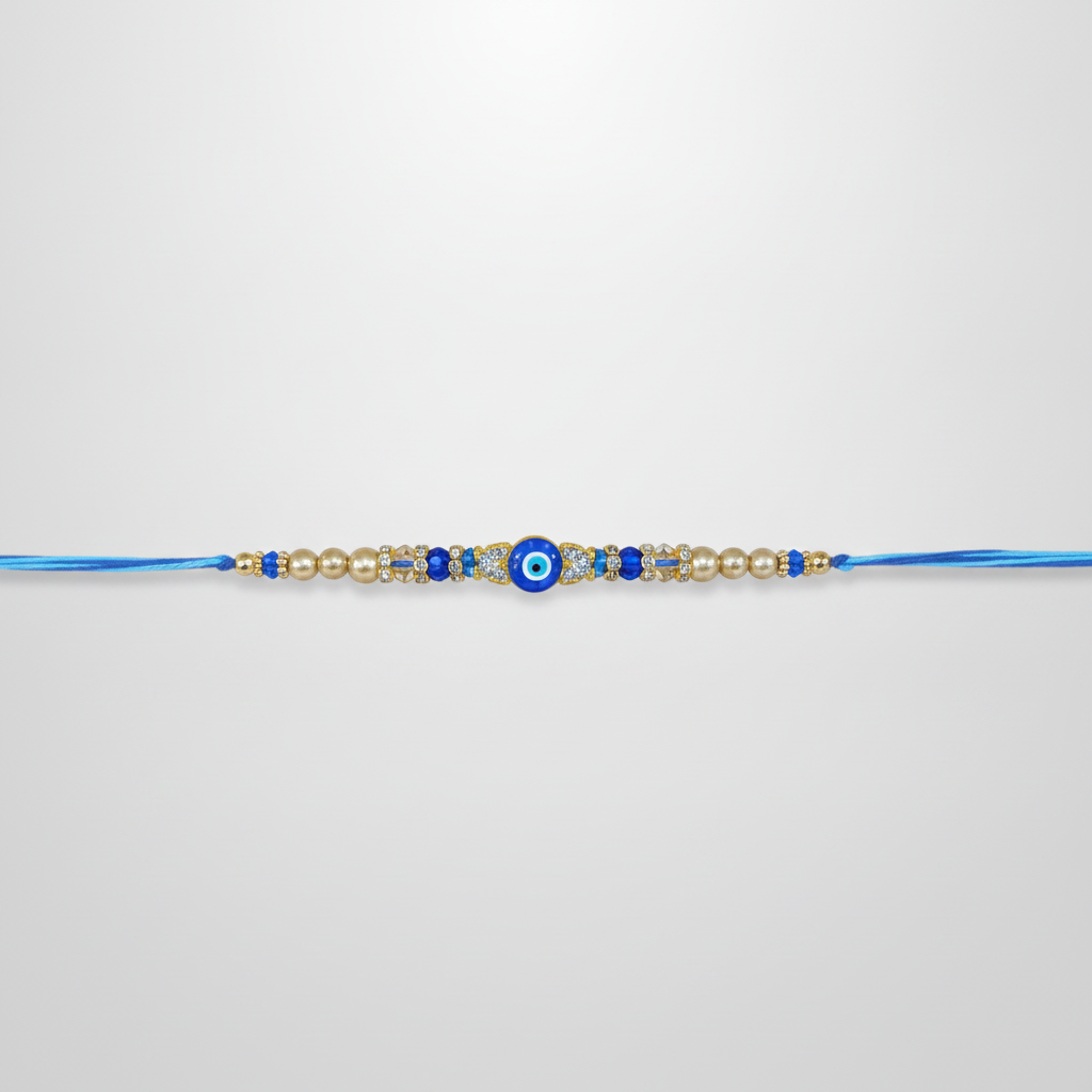 Evil Eye Rakhi Bracelet with Blue Beads & Crystal Accents