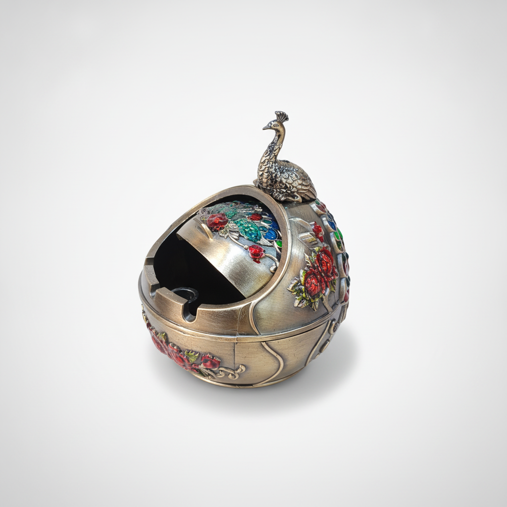 Decorative Peacock Ashtray Ball — Antique Bronze Enamel
