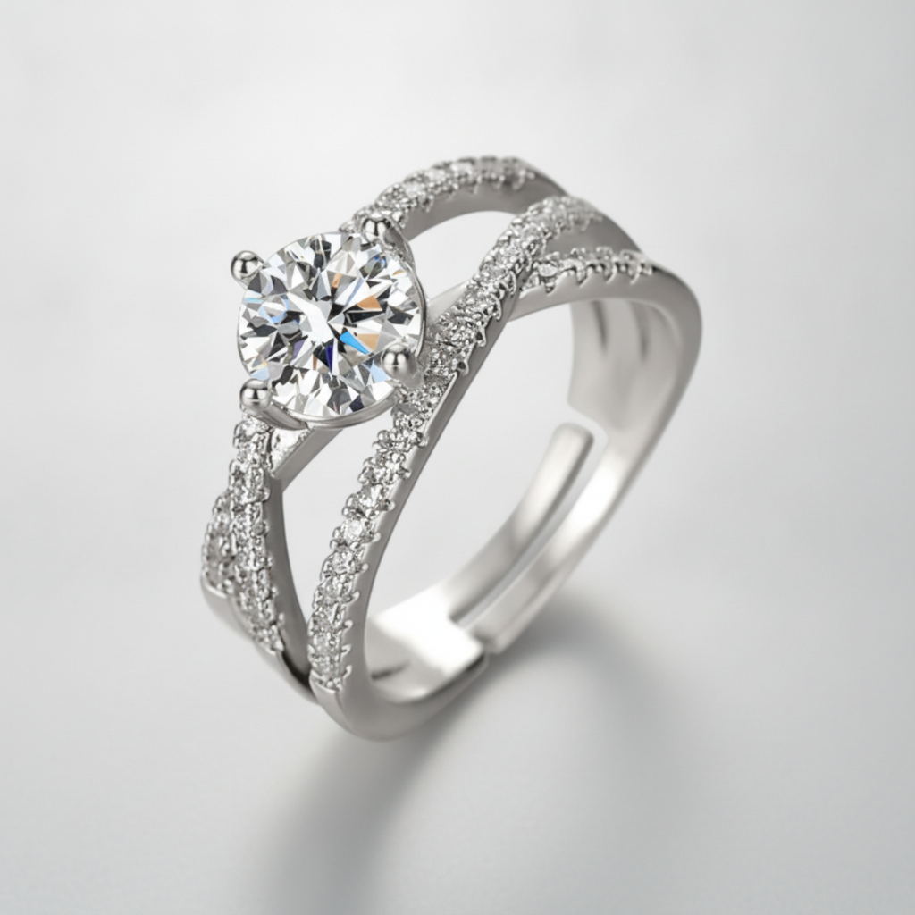 Elegant Double Band CZ Solitaire Ring in Silver