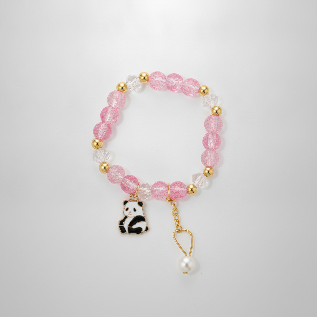 Pink Crystal Beaded Bracelet with Panda & Pearl Charms