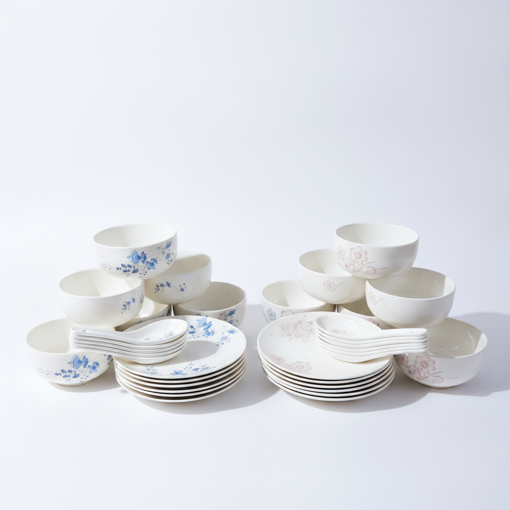 Floral Ceramic Dinnerware Bowl Set – Blue & Pink Designs