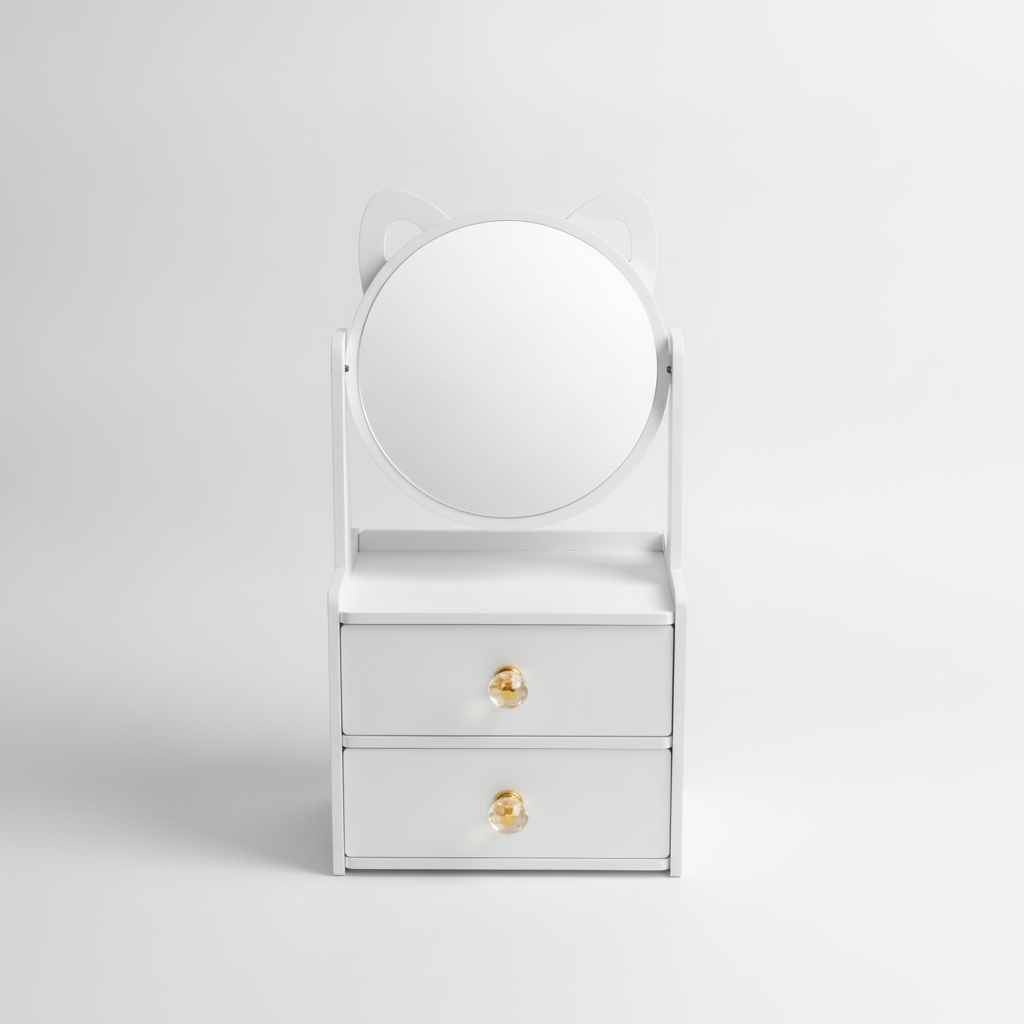 Cat-Ear Mini Dresser with Round Mirror & Storage Drawers
