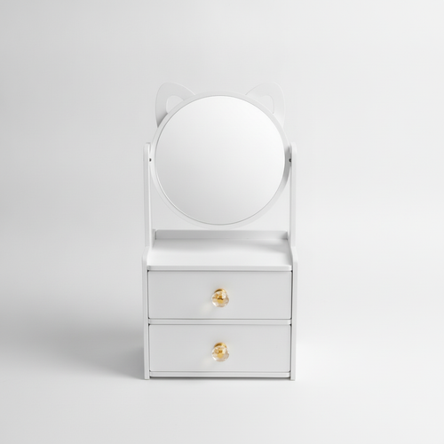 Cat-Ear Mini Dresser with Round Mirror & Storage Drawers