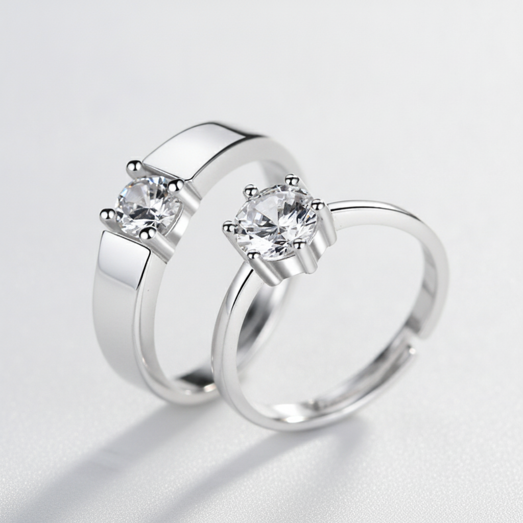 Silver Crystal Couple Rings Set – Matching Promise Rings