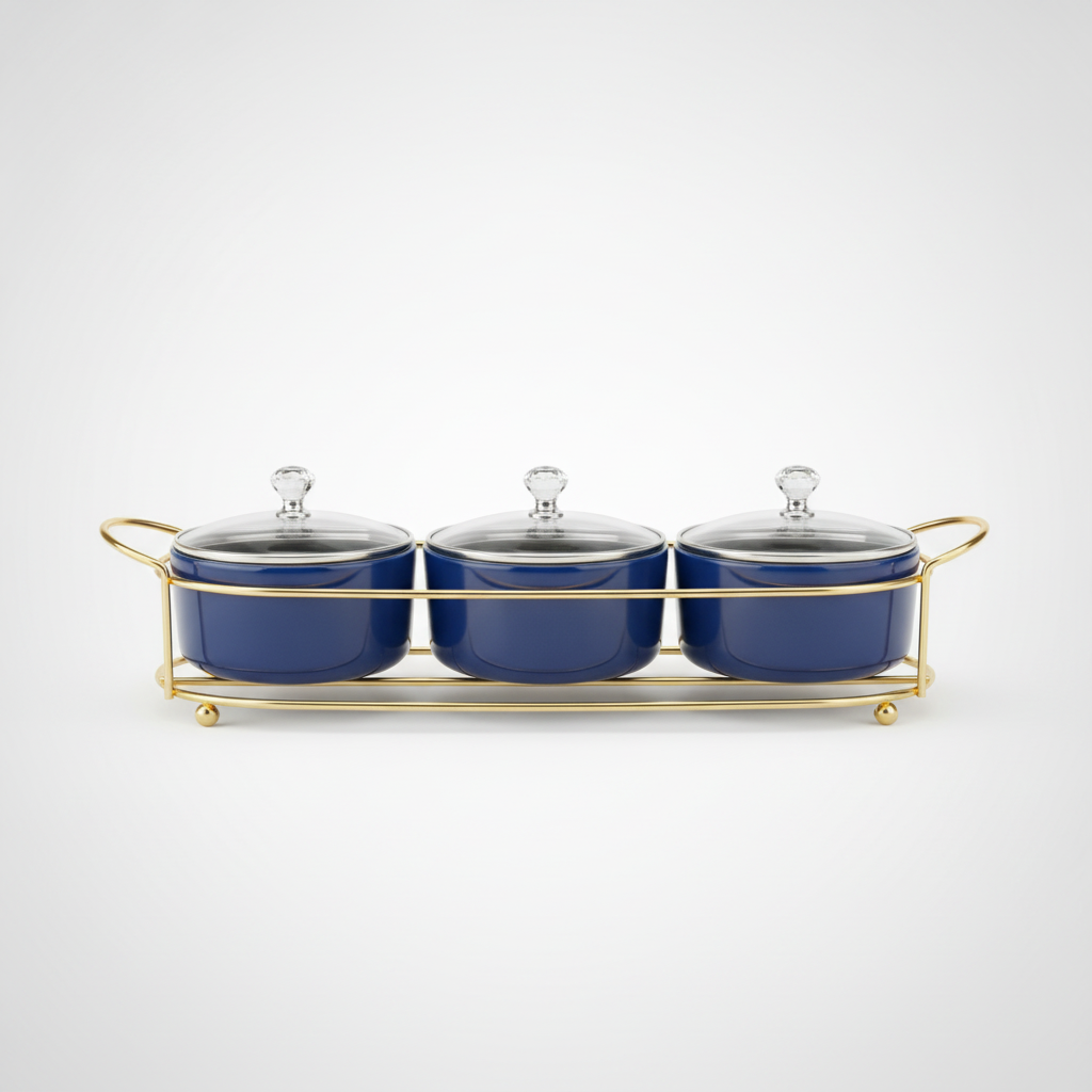 Royal Blue Ceramic Condiment Set with Gold Stand & Crystal Lids