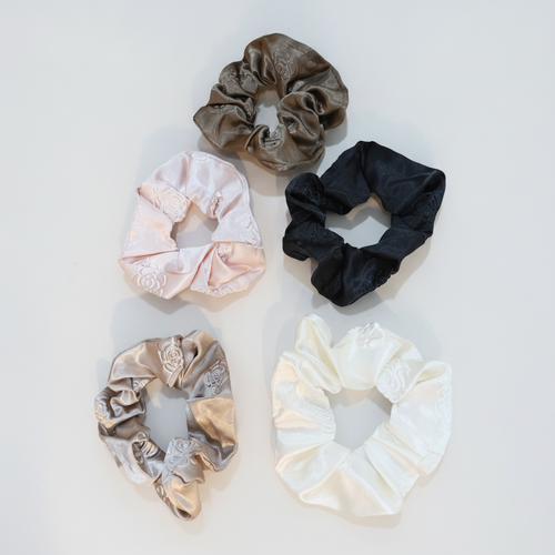 Satin Rose Embossed Hair Scrunchies – Set of 5 Colors