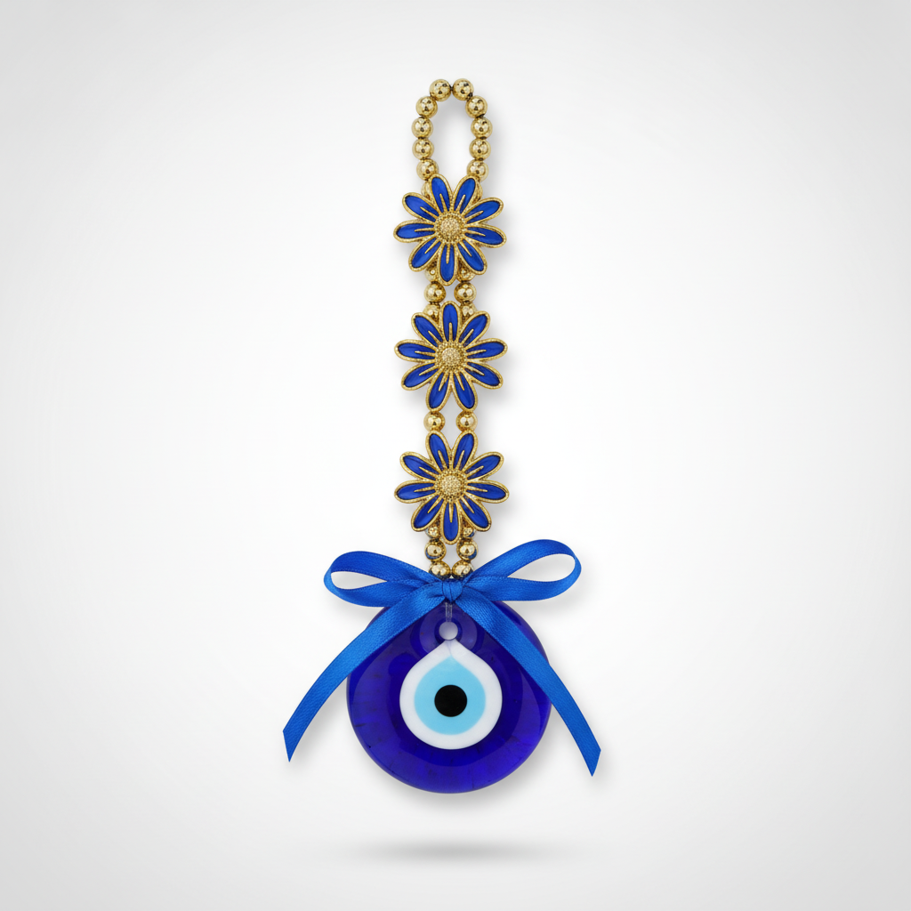 Evil Eye Wall Hanging with Gold Daisy Chain & Blue Ribbon