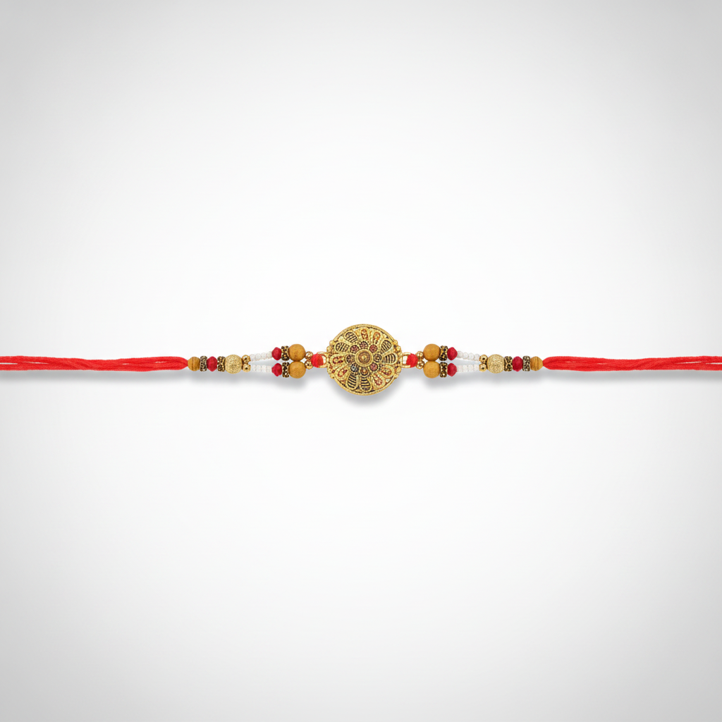 Traditional Gold & Red Beaded Rakhi Bracelet
