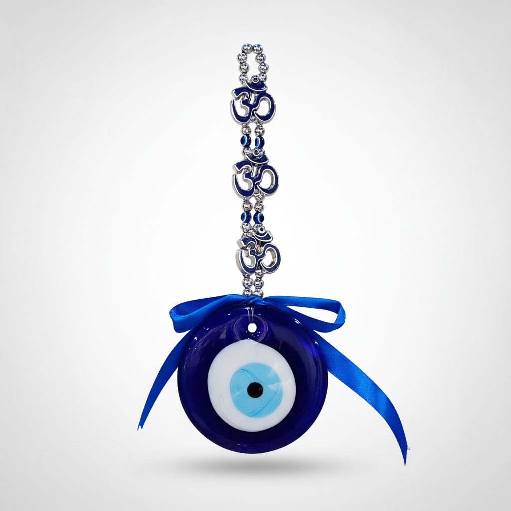 Evil Eye & Om Wall Hanging with Blue Ribbon
