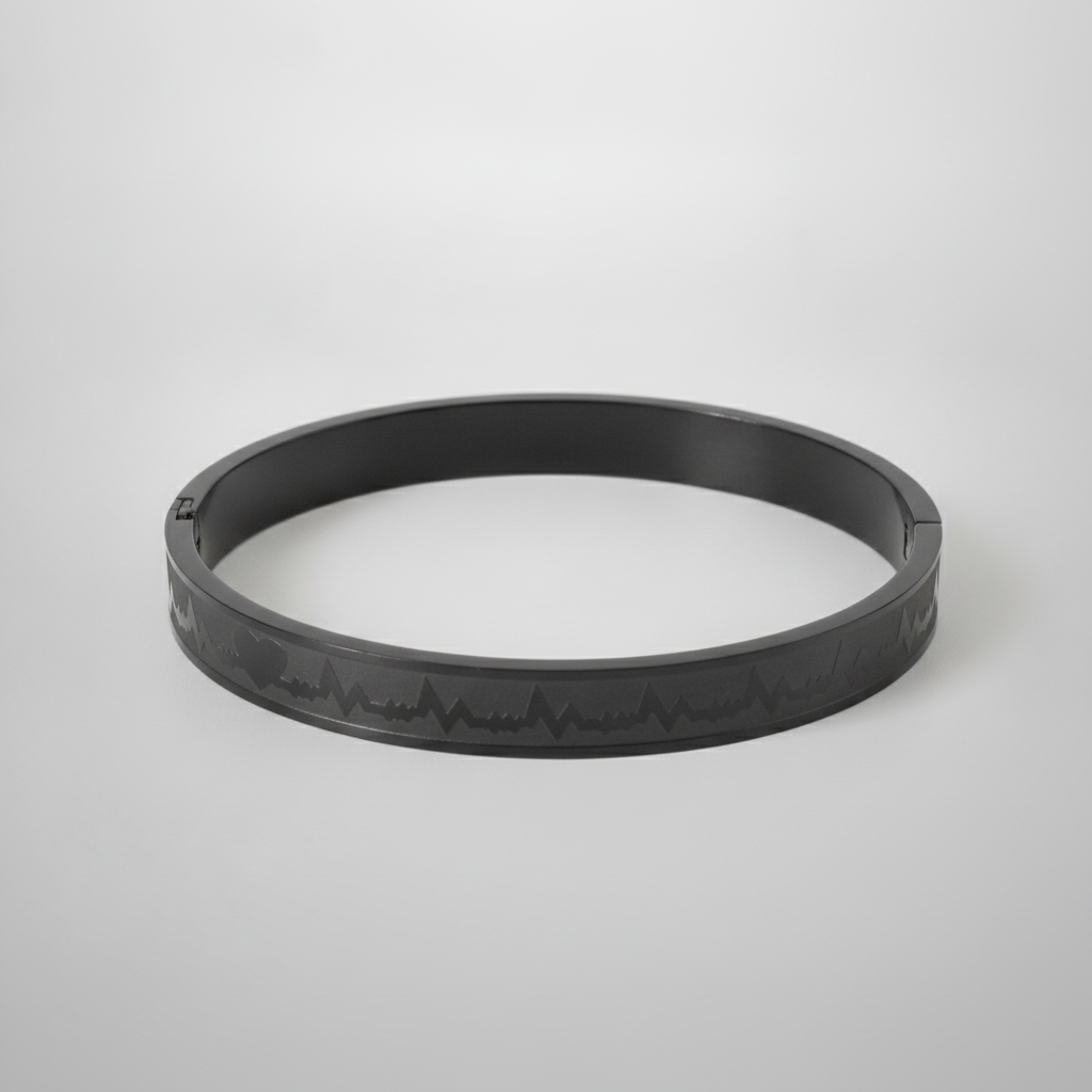 Men's Black Stainless Steel Heartbeat Bangle Bracelet