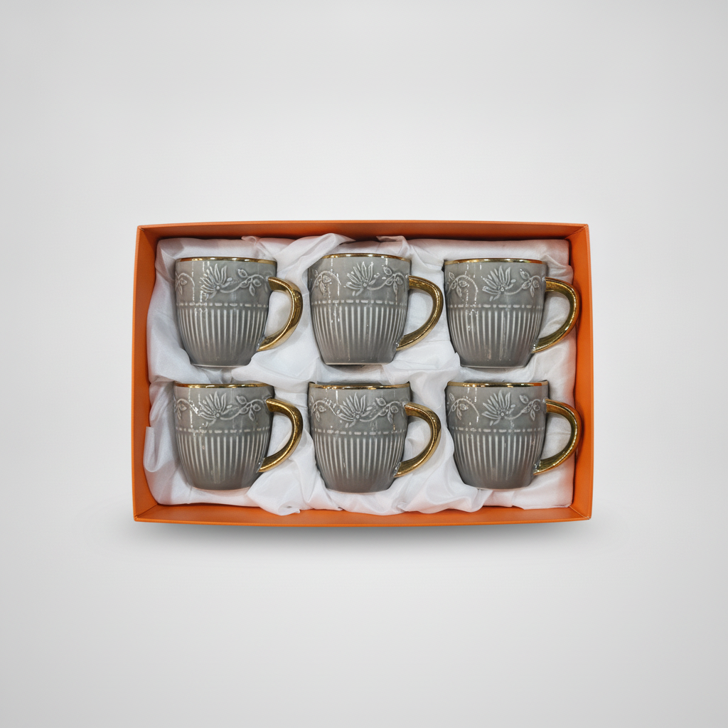 Elegant Gray & Gold Ceramic Mug Set of 6