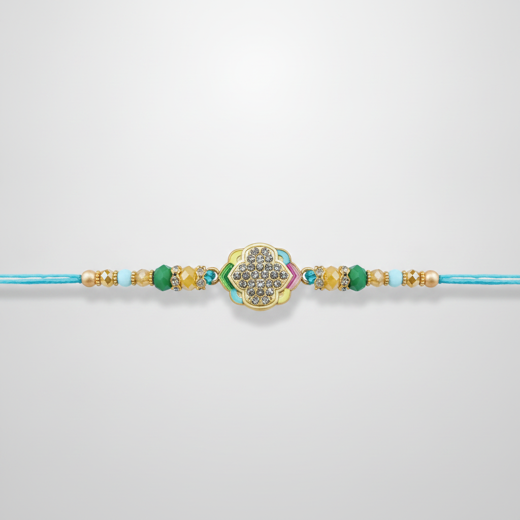 Floral Crystal Rakhi with Multicolor Beads & Turquoise Thread
