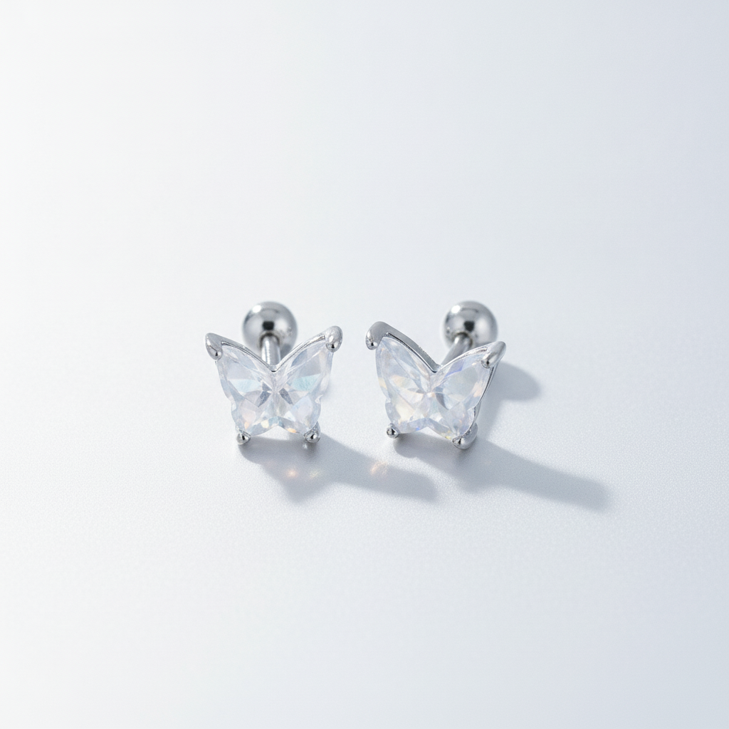 Men's Butterfly Crystal Barbell Stud Earrings – Silver