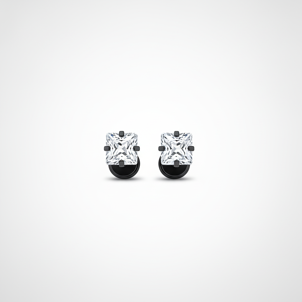 Men's Black Stainless Steel Square CZ Stud Earrings