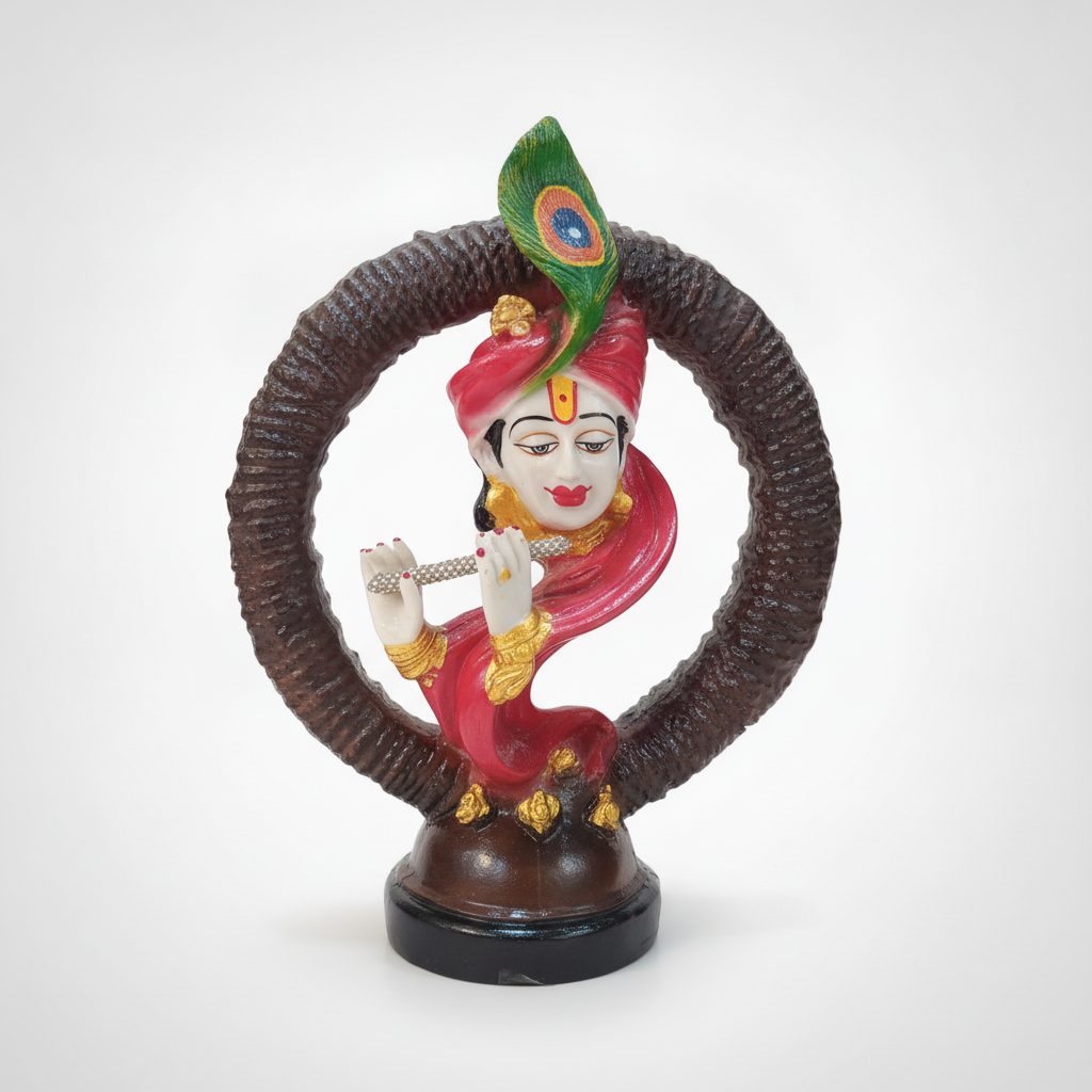 Lord Krishna Flute Figurine with Peacock Feather – 11.5"