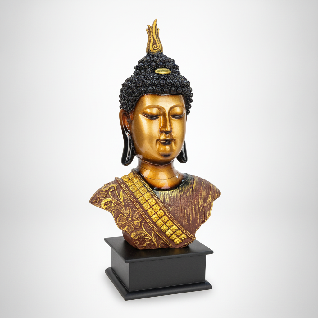 Golden Thai Buddha Bust Statue on Black Pedestal Base