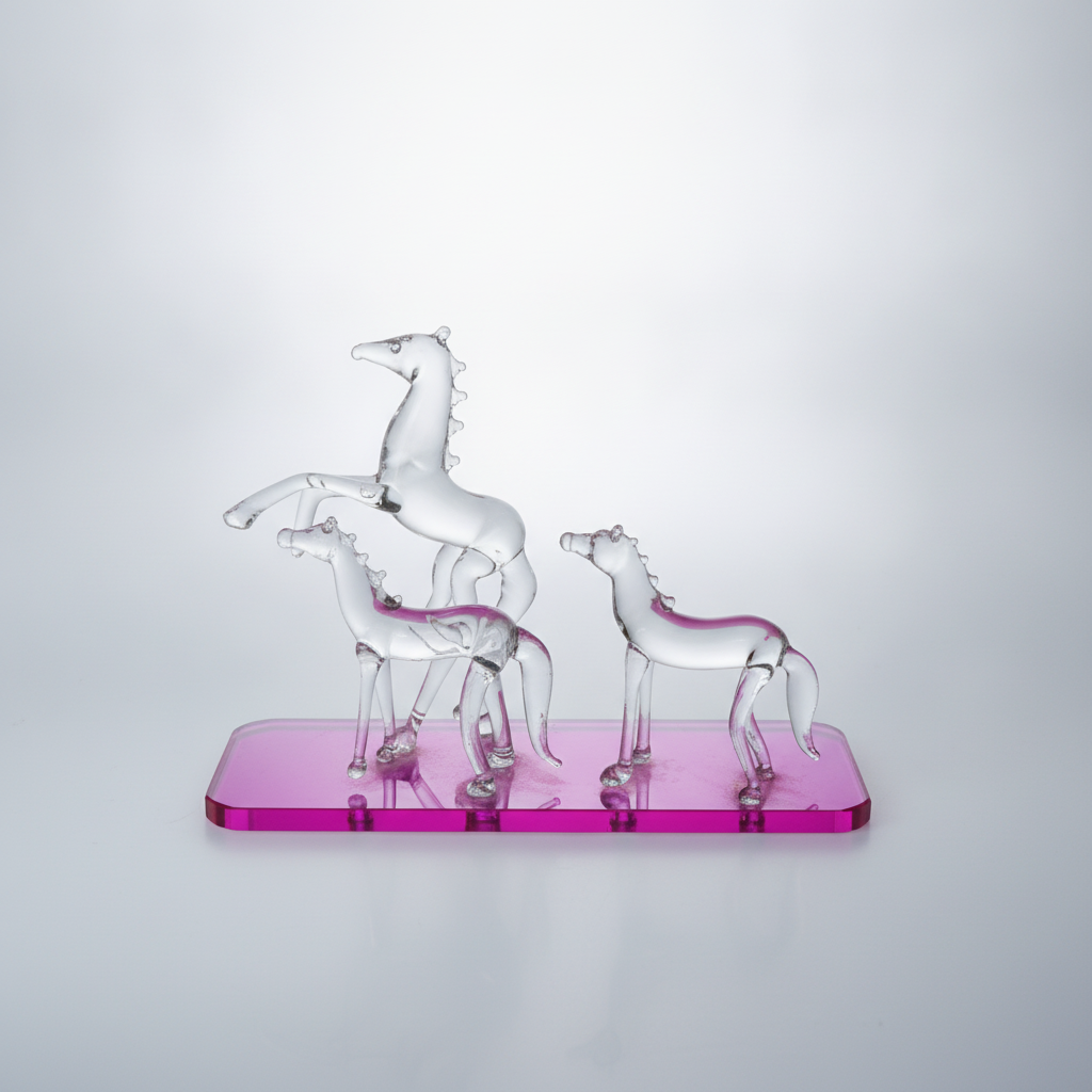 4-Inch Crystal Glass Horse Family Figurine on Pink Base