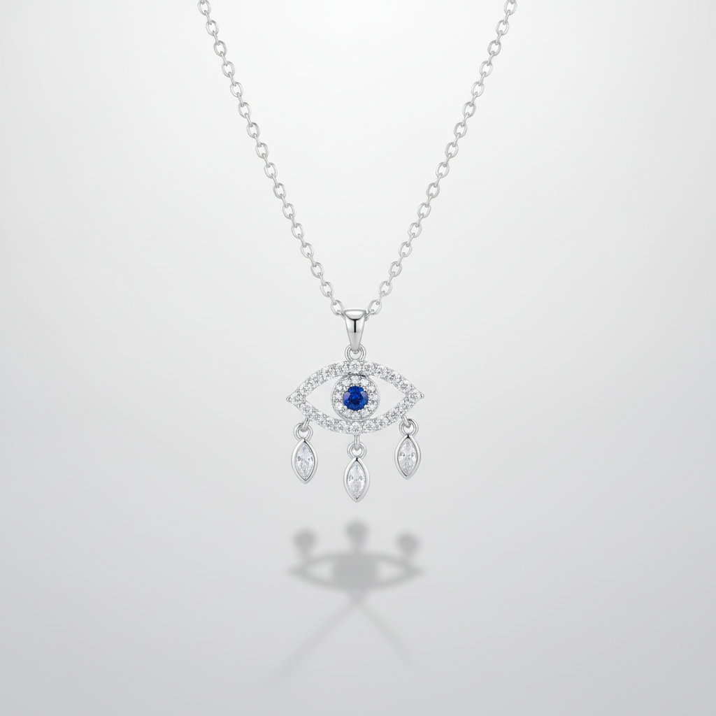 Evil Eye Crystal Pendant Necklace | Blue Sapphire CZ Silver