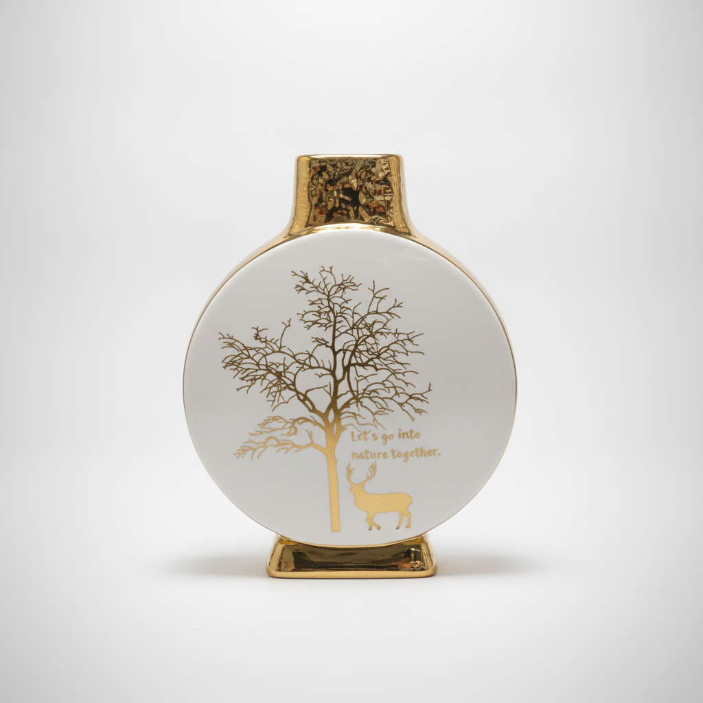 Gold & White Ceramic Nature Vase with Deer & Tree Motif