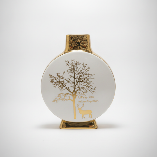Gold & White Ceramic Nature Vase with Deer & Tree Motif