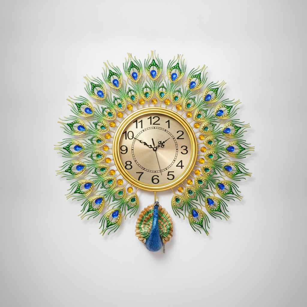 Peacock Feather Wall Clock with Jeweled Décor & Pendulum