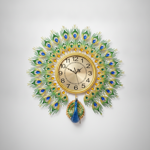 Peacock Feather Wall Clock with Jeweled Décor & Pendulum