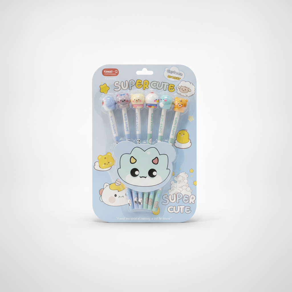 Super Cute Kawaii Cartoon Eraser Pencil Set – 6 Pack