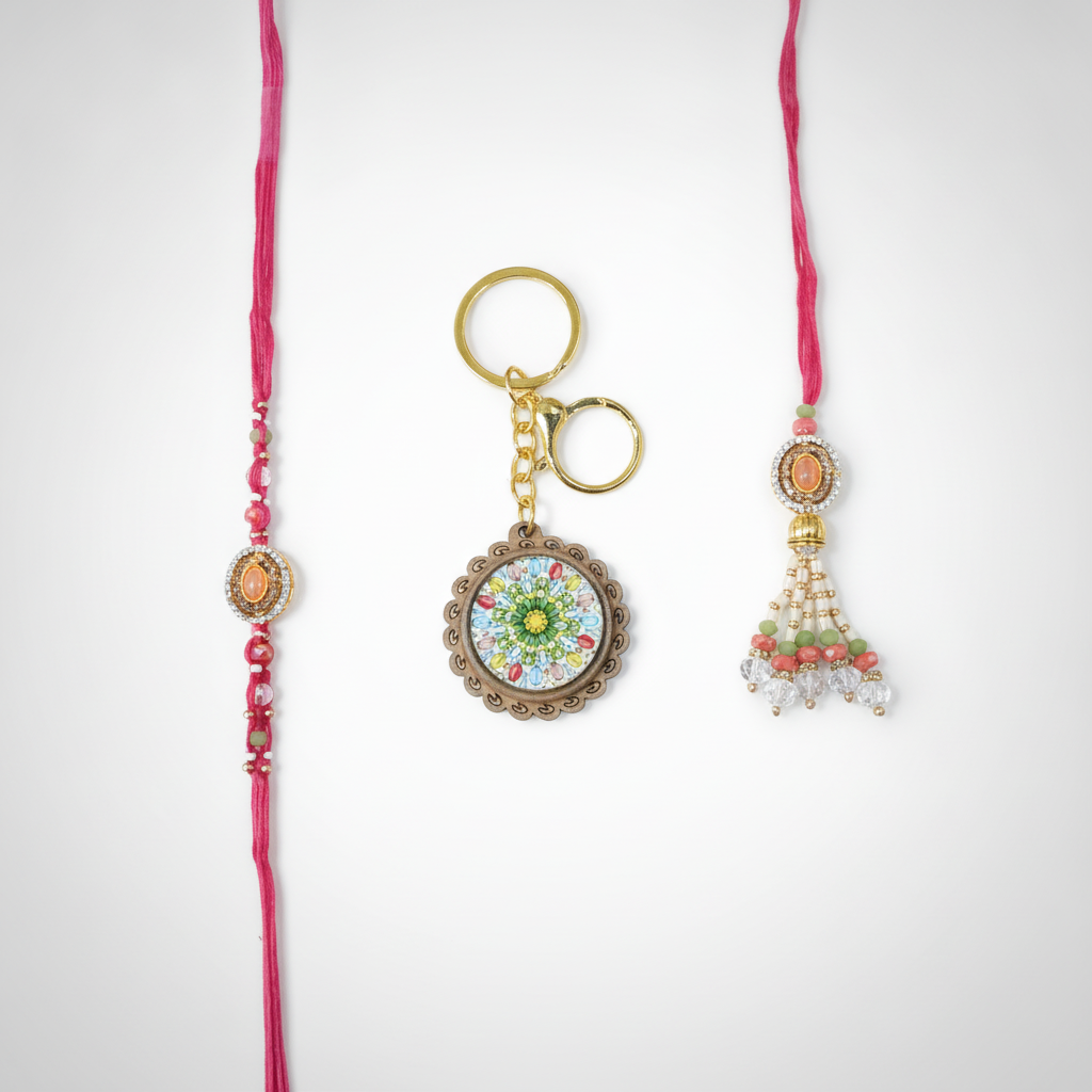 Bhaiya Bhabhi Rakhi Set with Mandala Keychain – 3 Pc