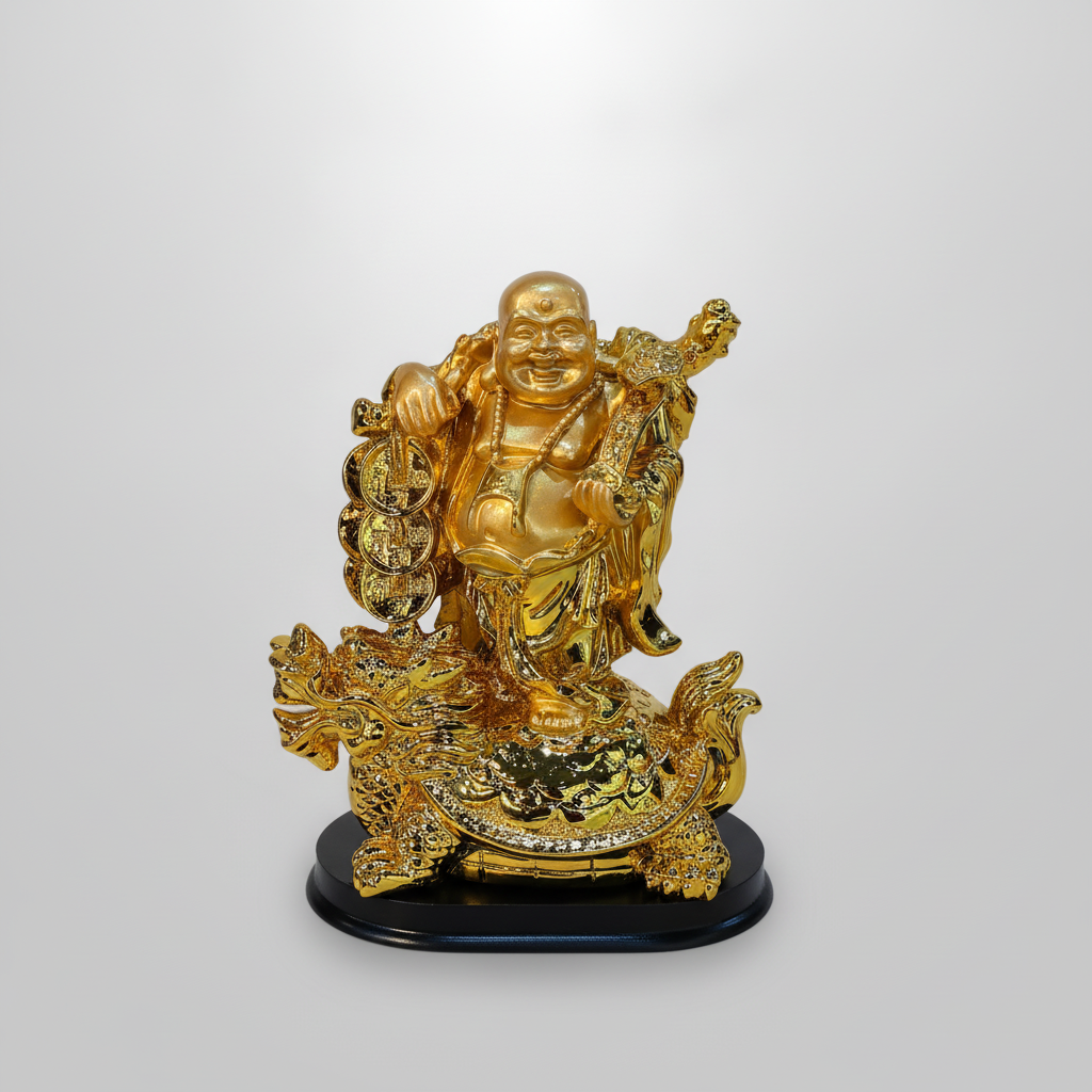 Golden Laughing Buddha on Dragon Turtle Feng Shui Statue
