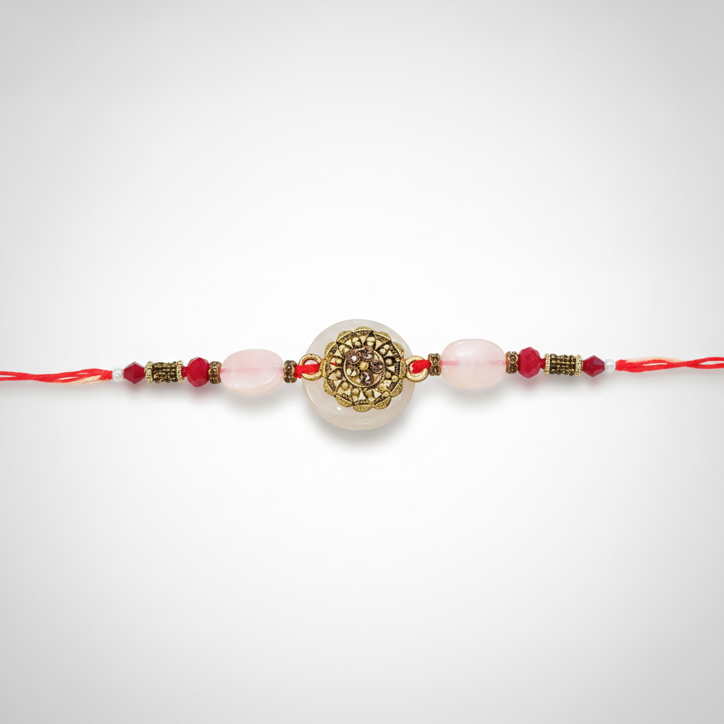 Traditional Floral Rakhi with Rose Quartz & Crystal Beads
