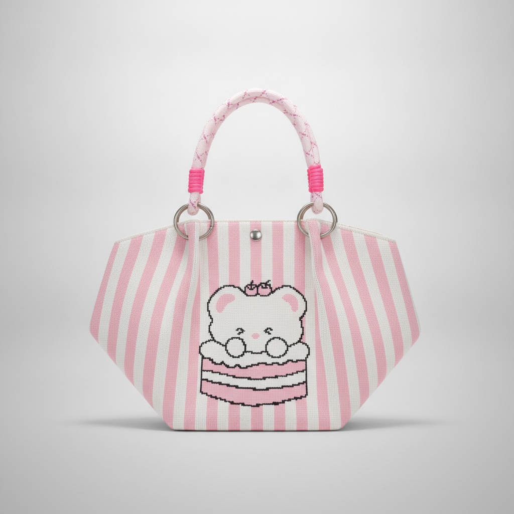 Cute Kawaii Bear Cake Striped Knit Mini Tote Handbag