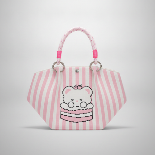 Cute Kawaii Bear Cake Striped Knit Mini Tote Handbag