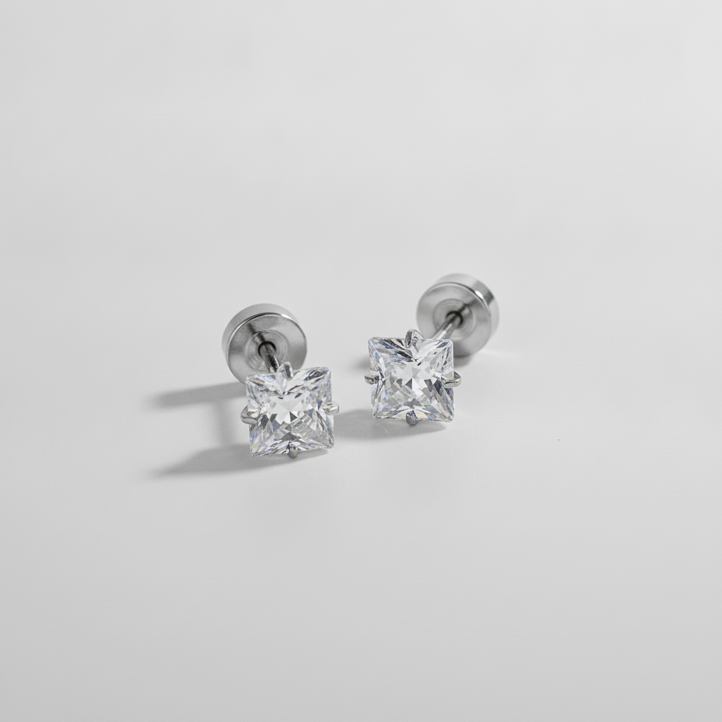 Men's Princess Cut CZ Stud Earrings with Screw-Back