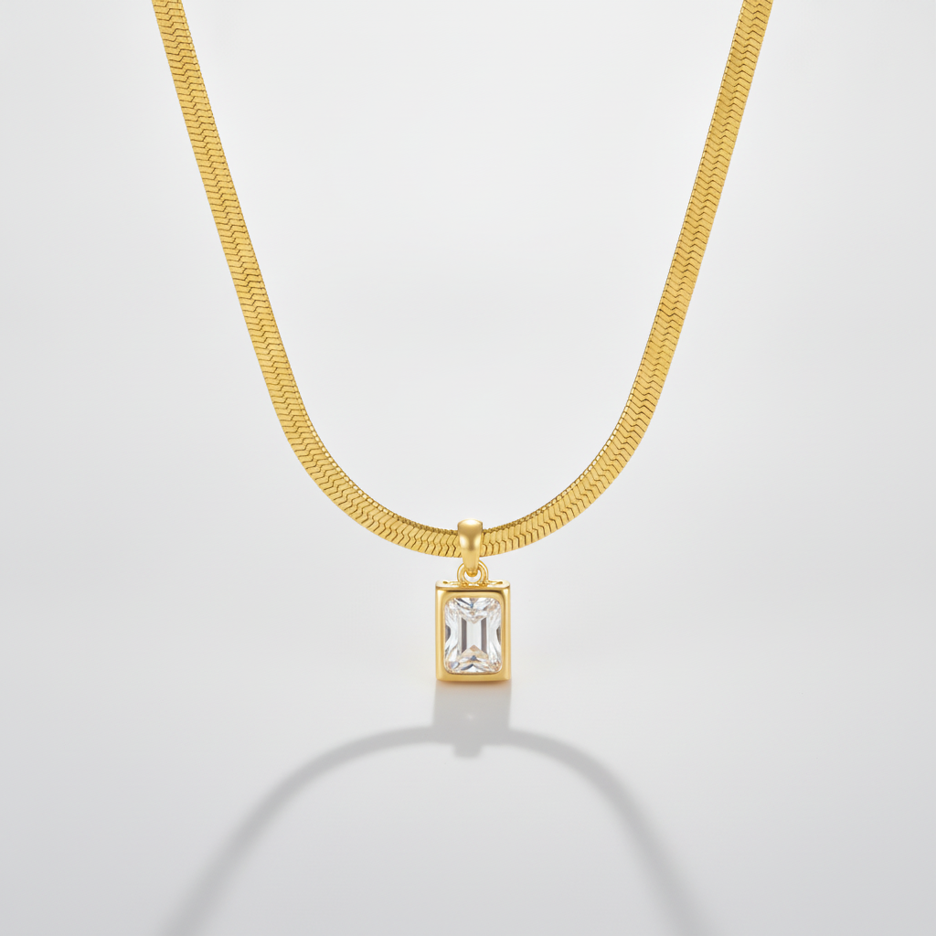 Gold Snake Chain Necklace with Crystal Square Pendant