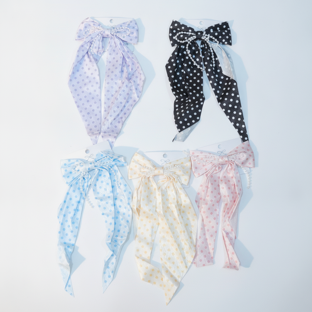 Polka Dot Bow Hair Clip with Pearl Detail