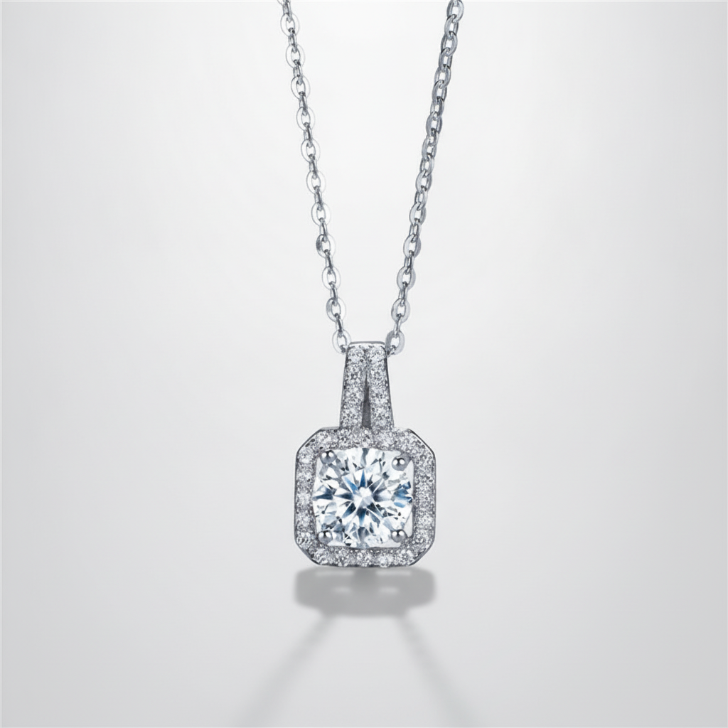Halo Diamond Pendant Necklace for Women – Silver Tone