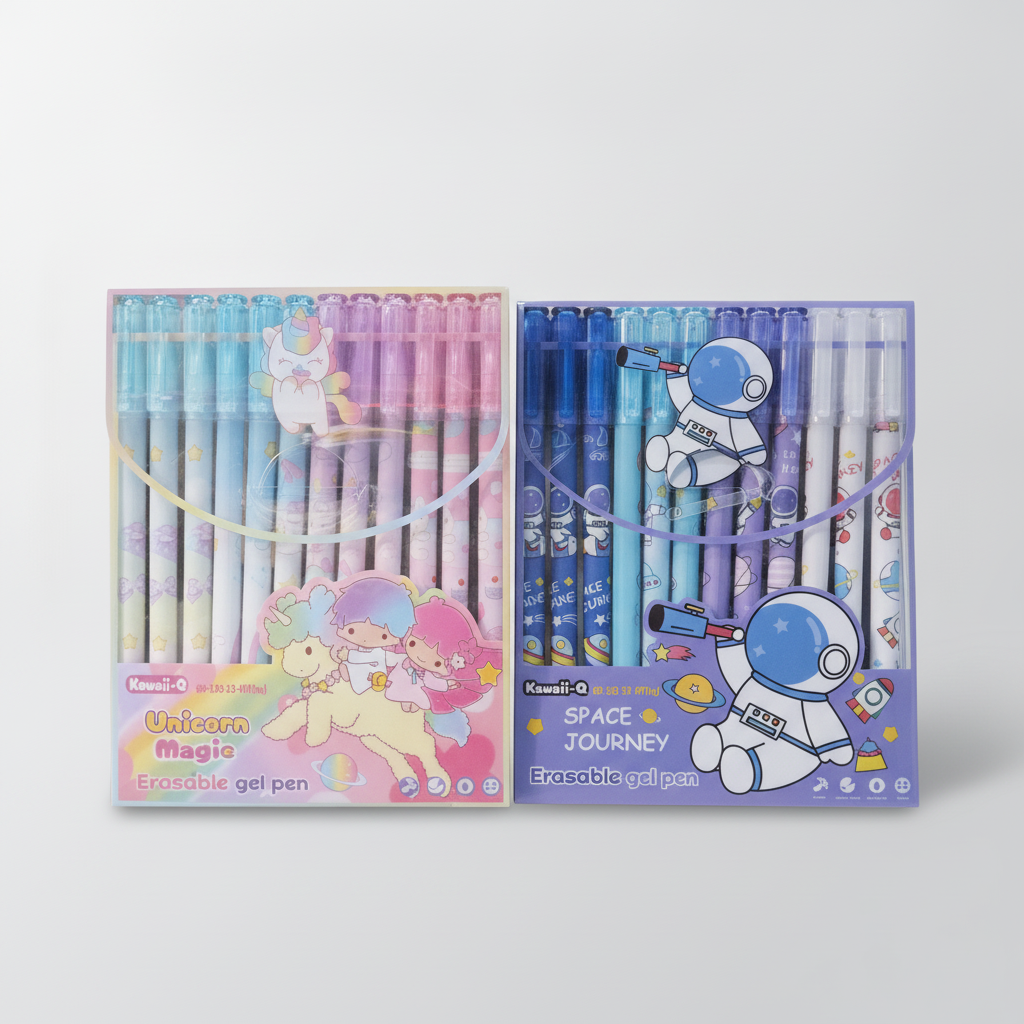 Kawaii-Q Erasable Gel Pens – 12-Pack (Unicorn Magic & Space Journey)