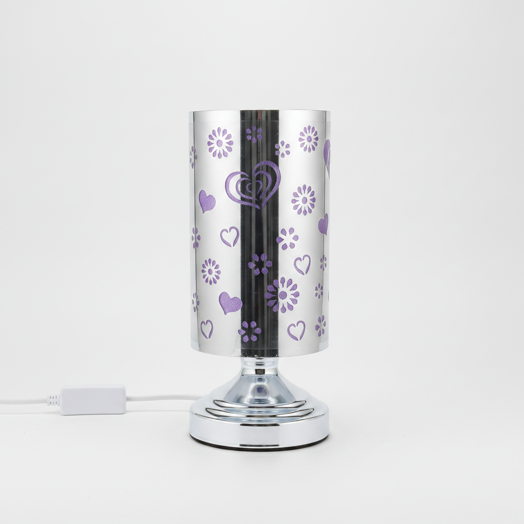 Chrome Touch Lamp with Purple Hearts & Flowers Design