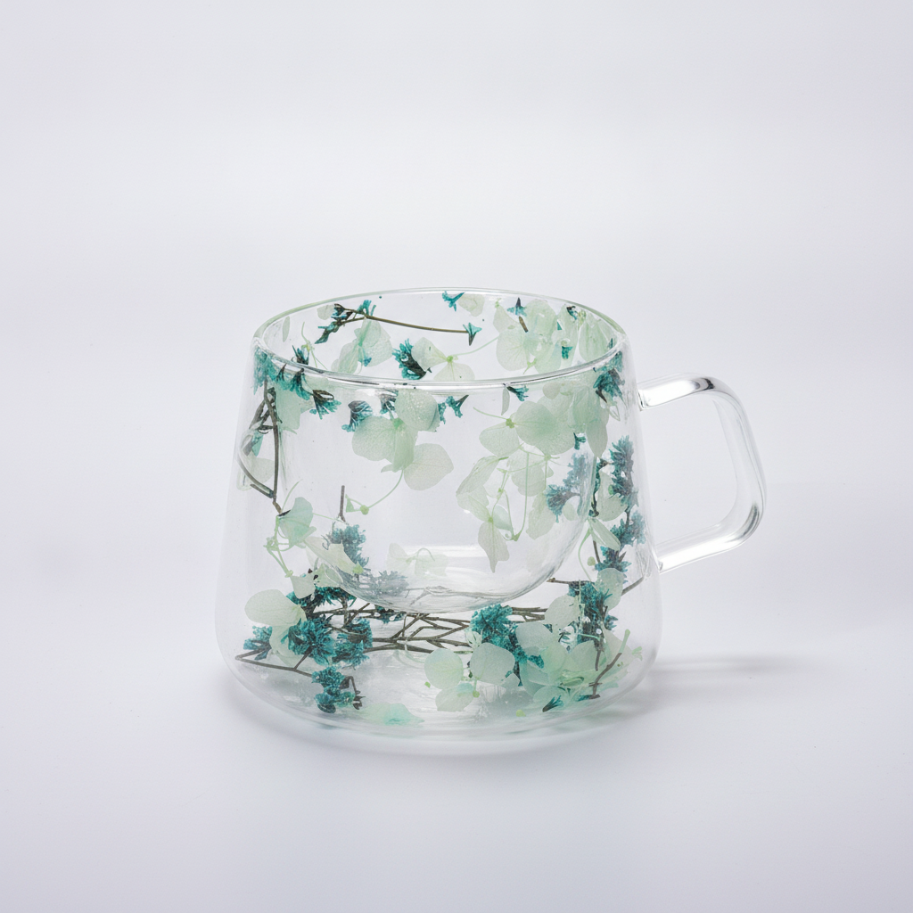 Double-Wall Glass Mug with Pressed Floral Design