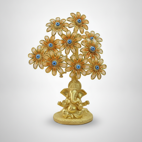 Golden Ganesha Evil Eye Flower Tree Figurine
