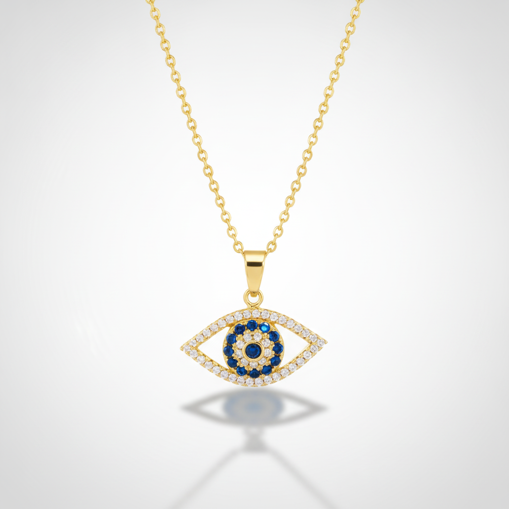 Evil Eye Gold Pendant Necklace with Blue & Crystal Stones