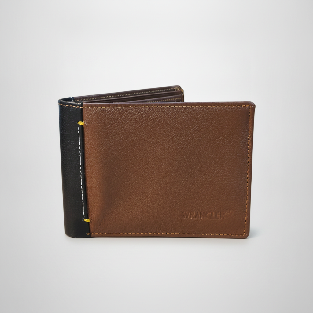 Wrangler Men's Genuine Leather Bifold Wallet – Brown & Black