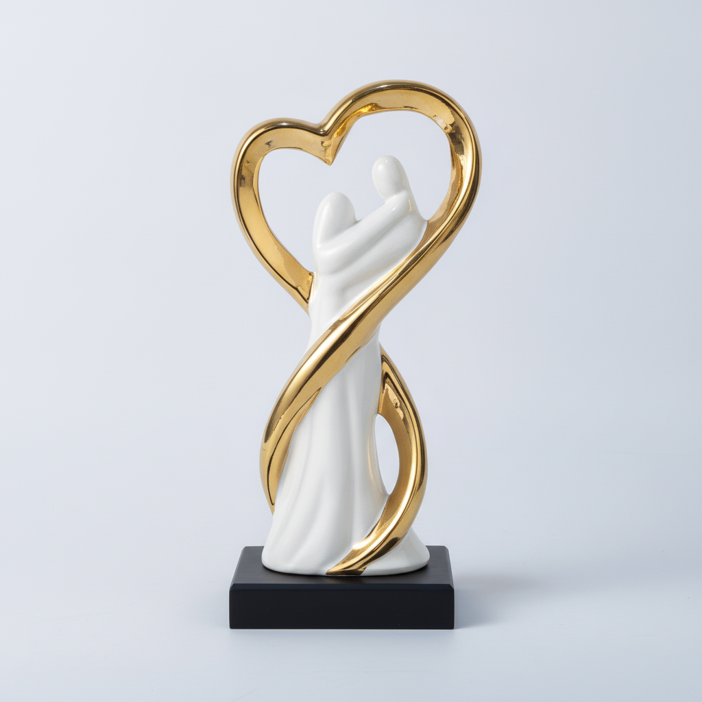 Gold & White Embracing Couple Heart Sculpture Figurine