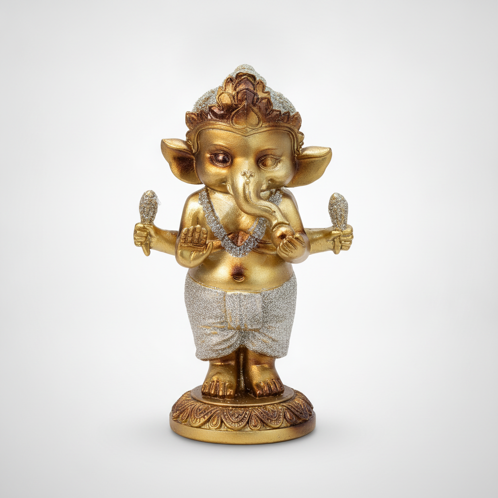 Golden Baby Ganesha Standing Figurine with Silver Accents