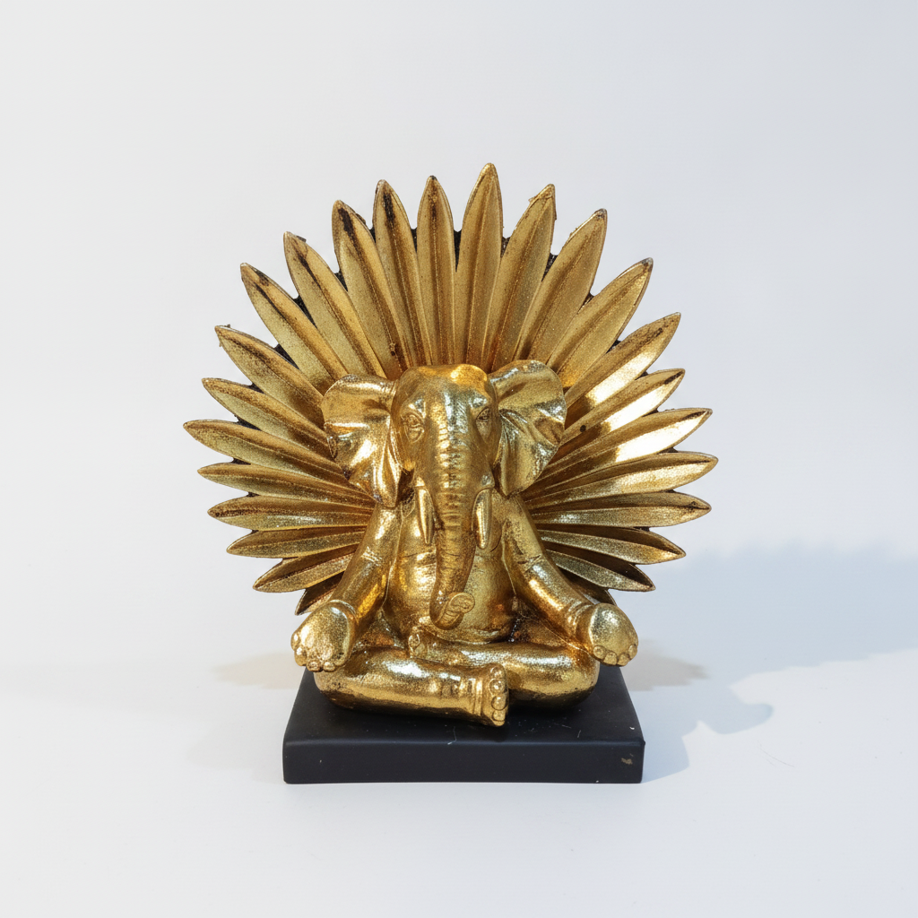 Golden Meditating Ganesha Statue with Sun Halo Decor