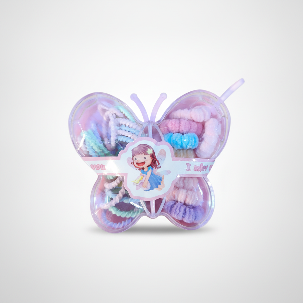 Butterfly Box Hair Ties Set for Girls – 20pc Pastel